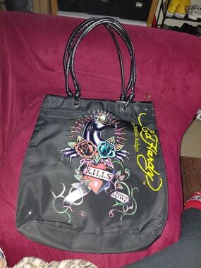 Ed Hardy Black Tattoo-Print Tote Bag